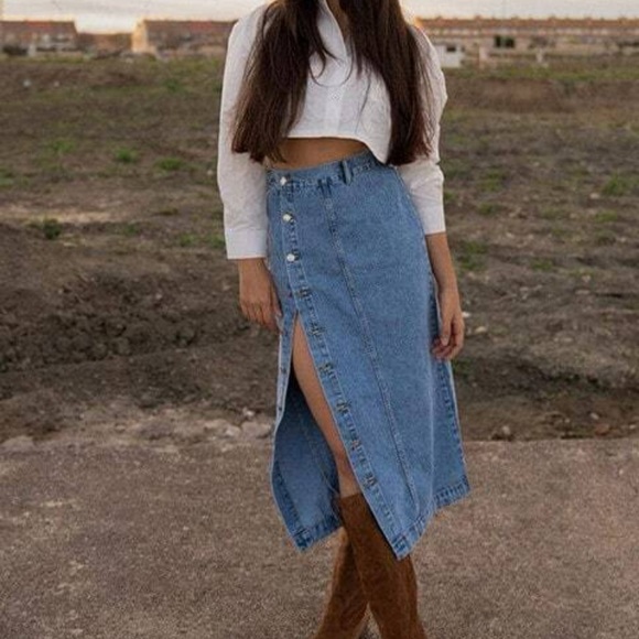 Button Front Longline Denim midi Skirt - Picture 10 of 12